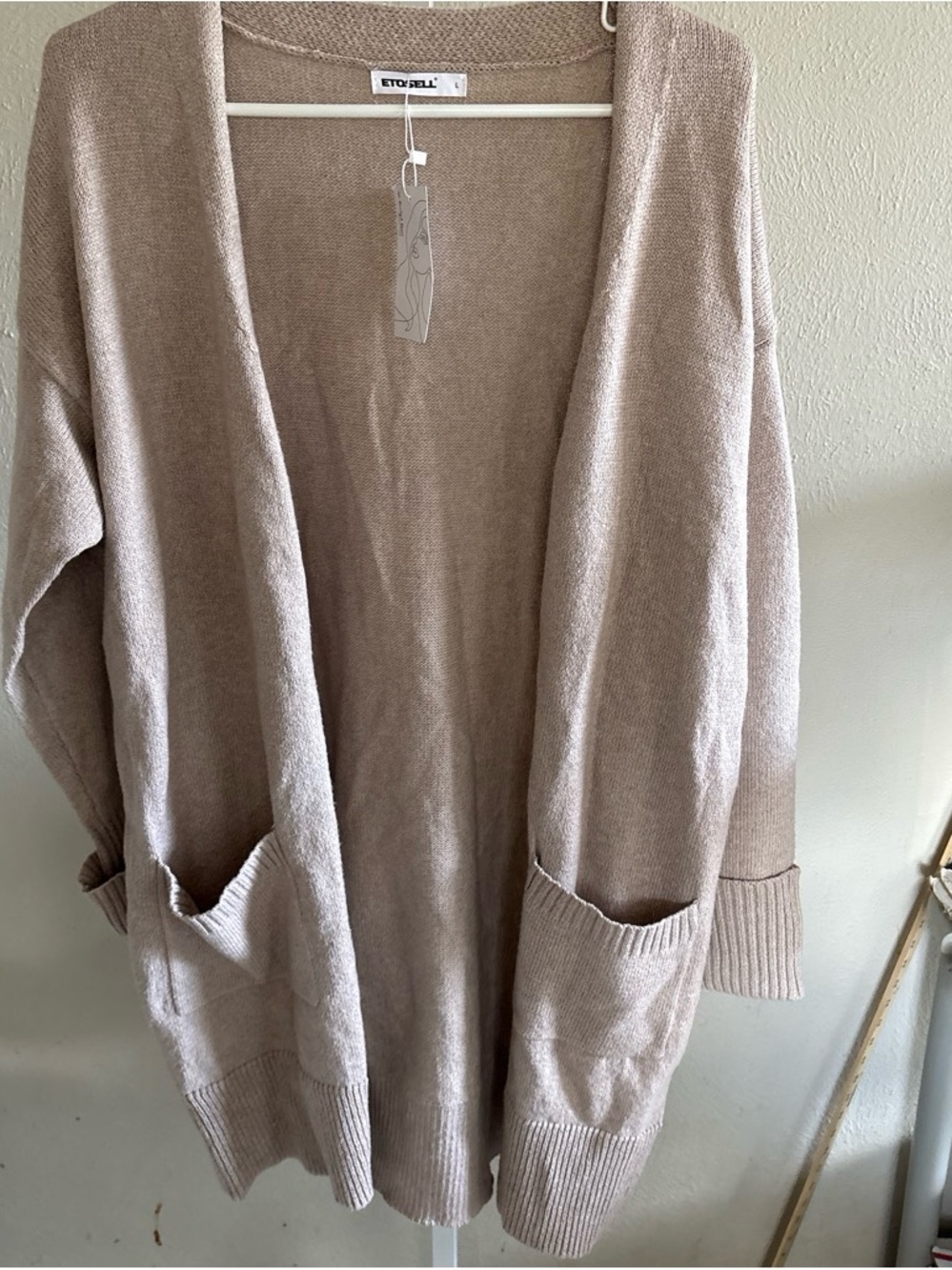 Etosell Beige Open-Front Pocket Sweater Cardigan Size Large Brand New